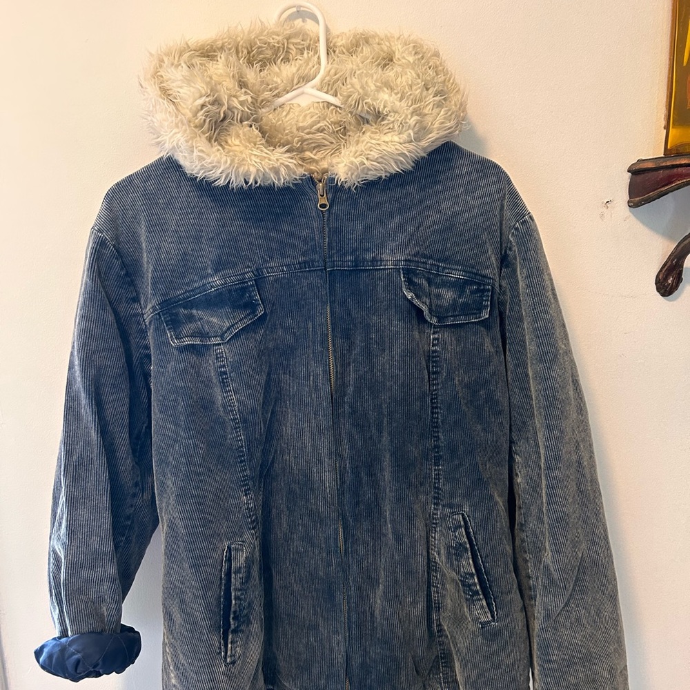 FU DA Blue Corduroy Sherpa Hood Jacket
